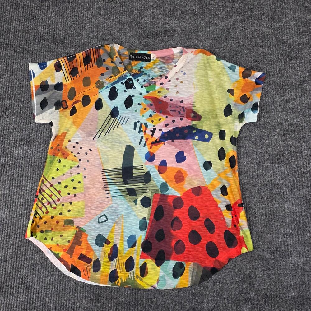 Talk of the Walk Abstract Print Sheer Blouse‎ Women M Colorful Artsy Tunic Top